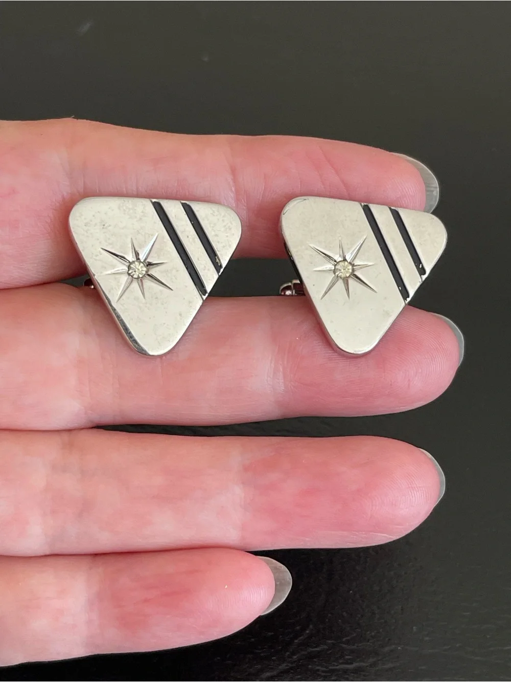 Vintage silver tone Star Accent Triangle Cufflinks.